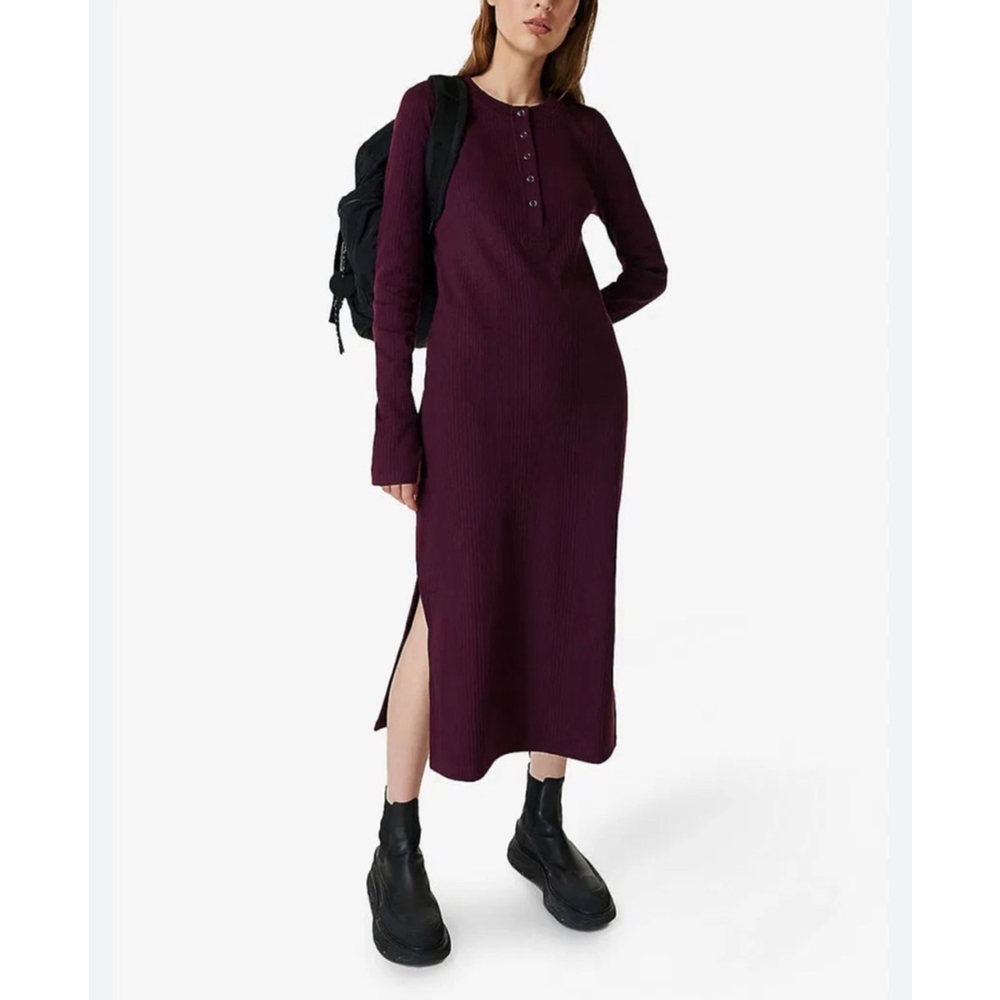 Sweaty Betty Henley Ribbed Midi Dress Womens Side Slits Long sleeve Size XS